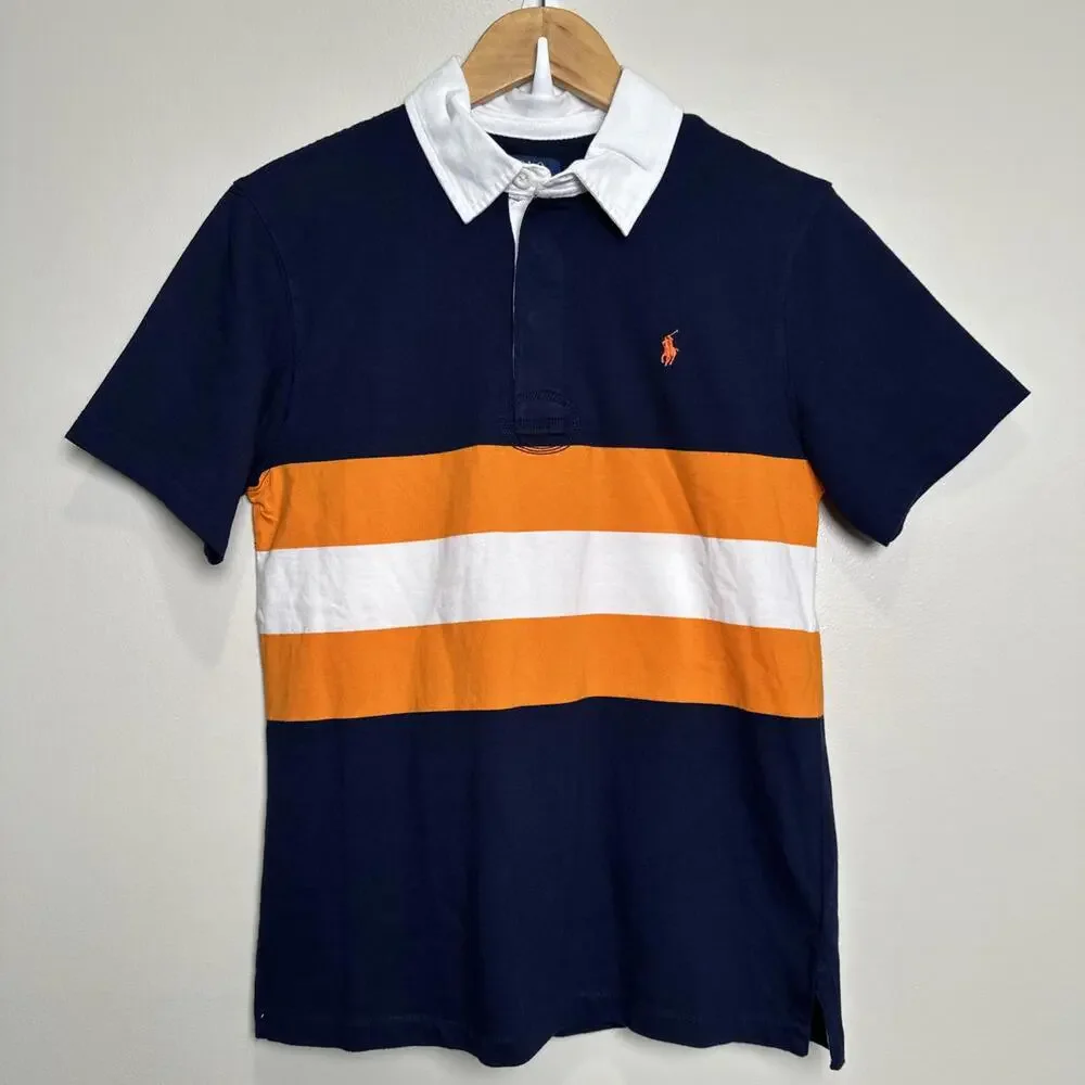 Polo Ralph Lauren Rugby Shirt YOUTH L Classic Fit Striped Jersey Orange Navy NWT